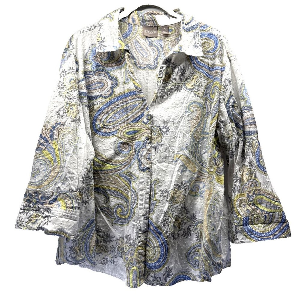Chicos Women's Top Blouse Size XL Blue Yellow Paisley Metallic Button Up 3/4 Sle